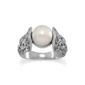 Oxidized Ornate Cut Out Band Ring with Cultured Freshwater Pearl