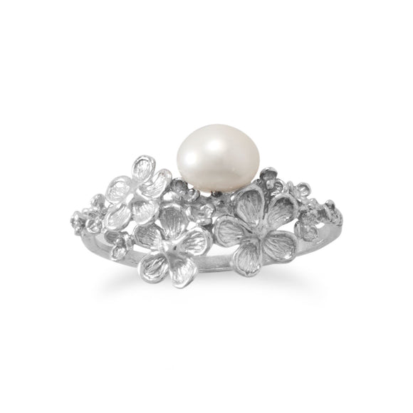 Rhodium Plated Decorative Flower and Cultured Freshwater Pearl Ring
