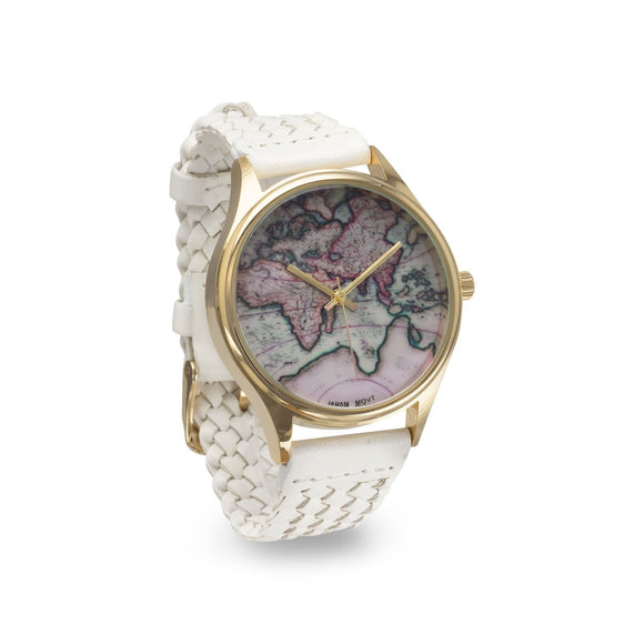 Map Design White Leather Fashion Watch