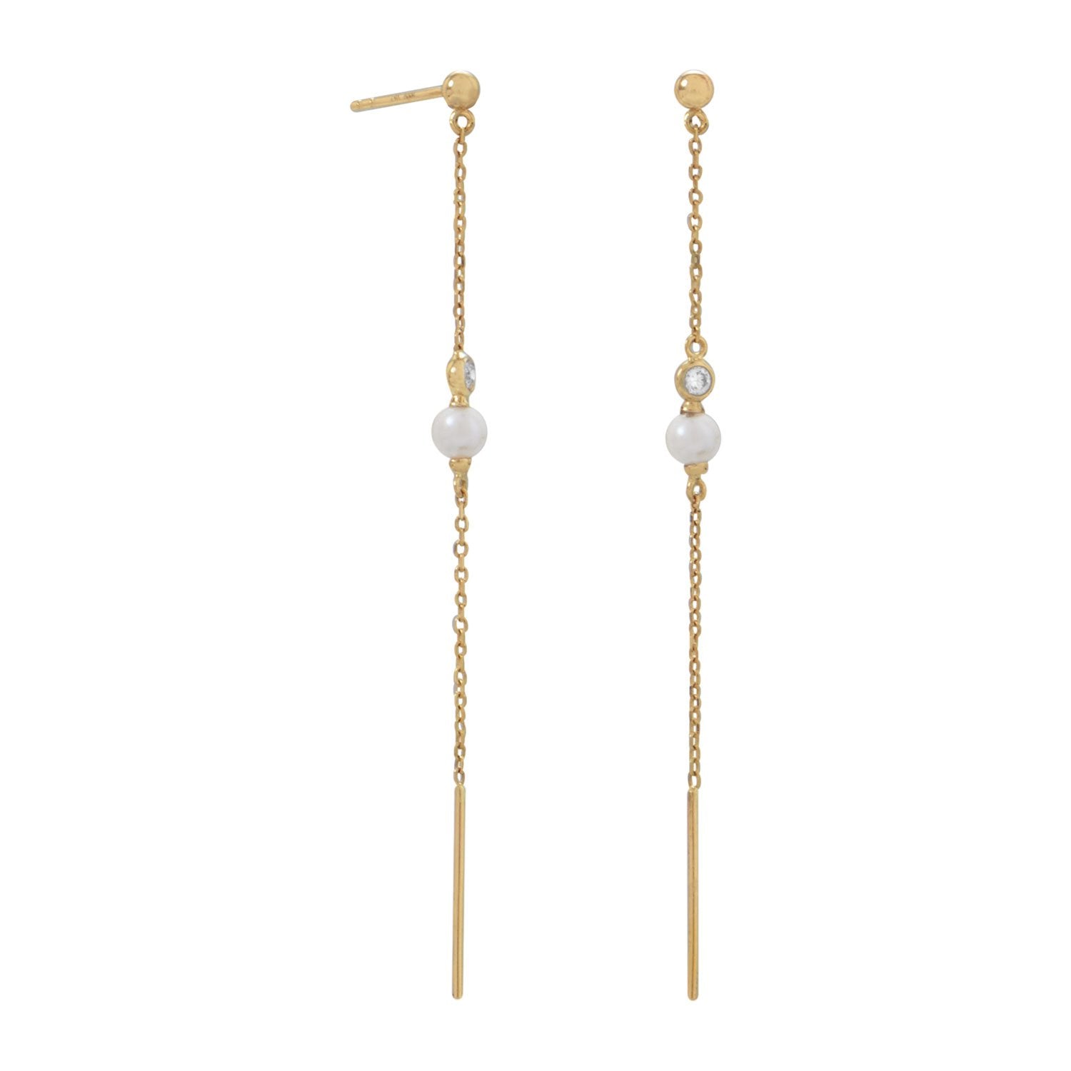 14 Karat Gold Chain Earrings with Cultured Freshwater Pearl and CZ – Bishop  Jewelry