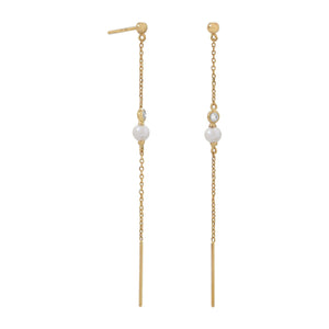 14 Karat Gold Chain Earrings with Cultured Freshwater Pearl and CZ