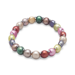 Multi-Color Cultured Freshwater Pearl and Sterling Silver Bead Stretch Bracelet
