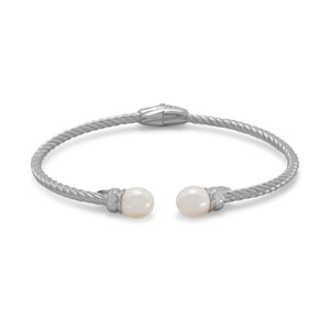 Rhodium Plated Cuff Bracelet with Cultured Freshwater Pearl Ends
