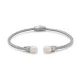 Rhodium Plated Cuff Bracelet with Cultured Freshwater Pearl Ends