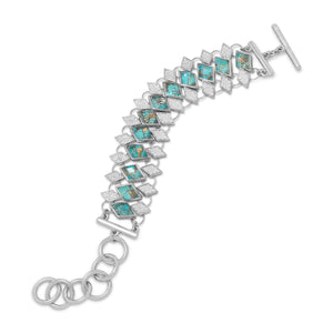 Rhodium Plated Quartz over Turquoise and Pave CZ Toggle Bracelet