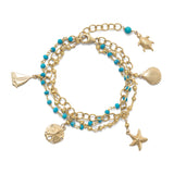 3 Strand 14K Gold Plated Bracelet with Nautical Charms and Reconstituted Turquoise