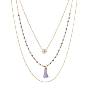 Triple Strand 14 Karat Gold Plated Necklace with Tassel and CZ