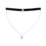 Double Strand Rhodium Plated Chain and Black Velvet CZ Choker Necklace