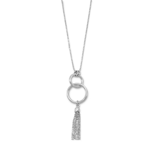 Rhodium Plated Interlocking Ring and Tassel Drop Necklace
