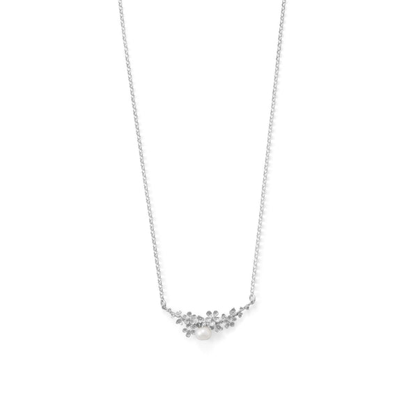 Rhodium Plated Decorative Flower and Cultured Freshwater Pearl Bar Necklace