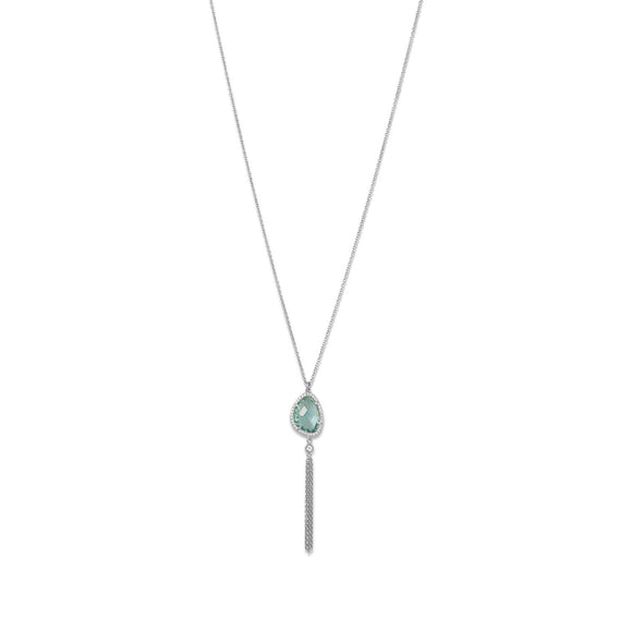 Rhodium Plated Sea Green Glass and Tassel Drop Necklace