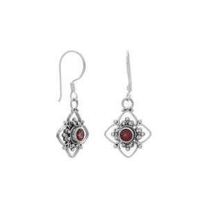 Round Faceted Garnet/Cut Flower Design Earrings on French Wire