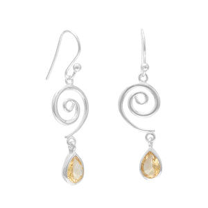 Swirl Design French Wire Earrings with Faceted Citrine Drop