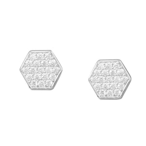 Rhodium Plated Pave CZ Hexagon Earrings