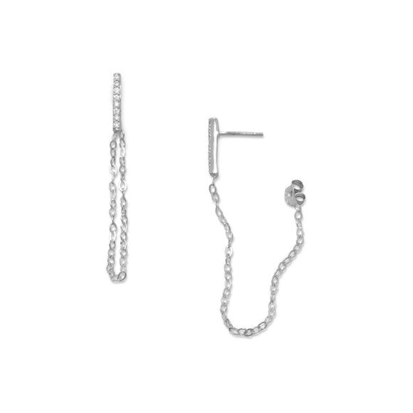 Rhodium Plated CZ Bar Post Chain Drop Earrings