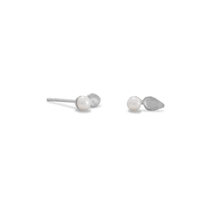 Rhodium Plated Leaf with Cultured Freshwater Pearl Earrings