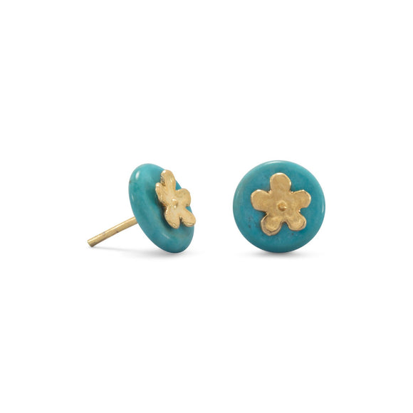 14 Karat Gold Plated Flower and Turquoise Disk Stud Earrings