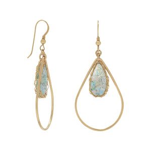 Gold Filled Ancient Roman Glass Pear Drop Earrings with Woven Wire Mesh