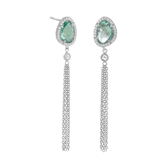 Rhodium Plated Sea Green Glass and Tassel Drop Earrings