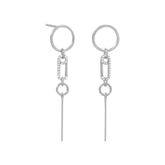 Rhodium Plated Sterling Silver CZ Safety Pin Earrings