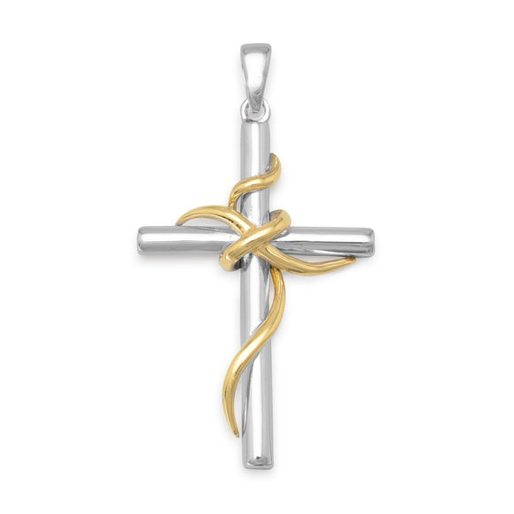Rhodium and 14 Karat Gold Plated Sterling Silver Cross Pendant