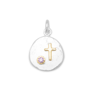 Two Tone Pendant with Cross and Purple CZ