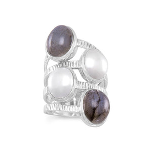 Oxidized Labradorite and Cultured Freshwater Pearl Ring