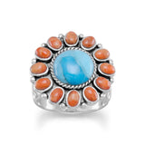 Reconstituted Turquoise and Coral Sunburst Ring