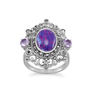 Ornate Marcasite and Reconstituted Purple Turquoise Ring
