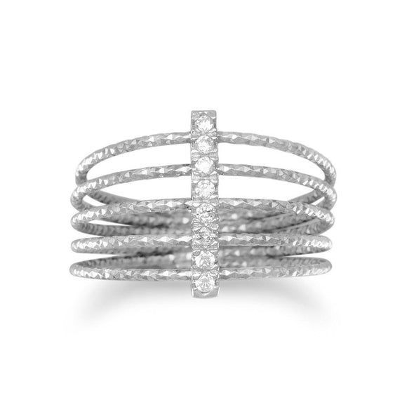 Rhodium Plated Multirow Twisted Wire Ring with CZ Bar