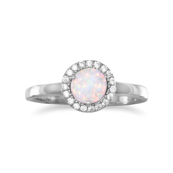 Rhodium Plated Synthetic White Opal and CZ Ring