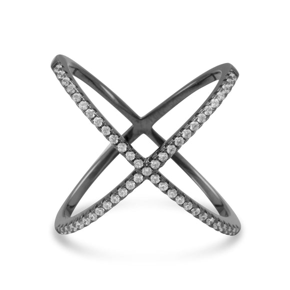 Black Cobalt Plated Criss Cross 'X' Ring with Signity CZs