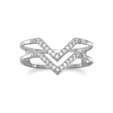 Rhodium Plated Double Row CZ "V" Ring