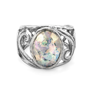 Cut Out Swirl Design Ring with Roman Glass
