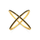 18 Karat Gold Plated Criss Cross 'X' Ring with Black CZs