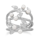 Rhodium Plated Leaf with Cultured Freshwater Pearl Split Band Ring
