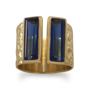 Textured 14 Karat Gold Plated Blue Glass Ring