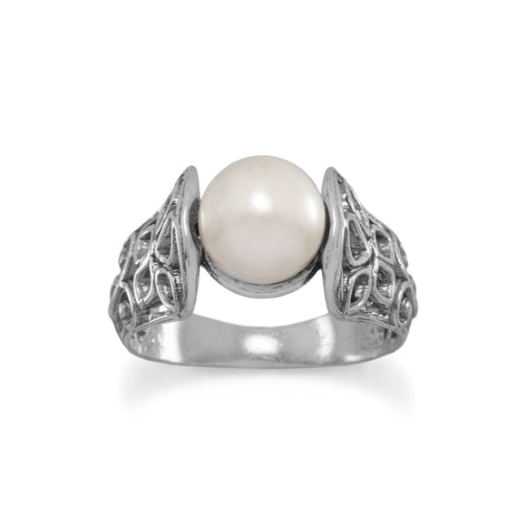 Oxidized Ornate Cut Out Band Ring with Cultured Freshwater Pearl