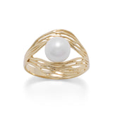 14 Karat Gold Plated Ornate Wave Design and Cultured Freshwater Pearl Ring
