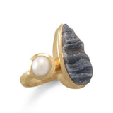 14 Karat Gold Plated Desert Druzy and Cultured Freshwater Pearl Ring