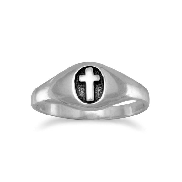 Small Oxidized Oval Ring with Cross
