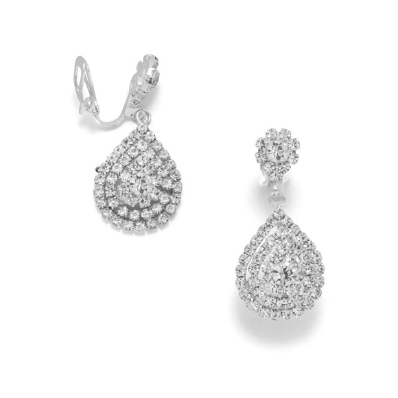 Elegant Silver Tone Crystal Pear Drop Clip On Fashion Earrings