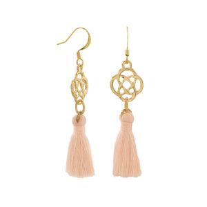 Gold Tone Fashion Earrings with Peach Threaded Tassels