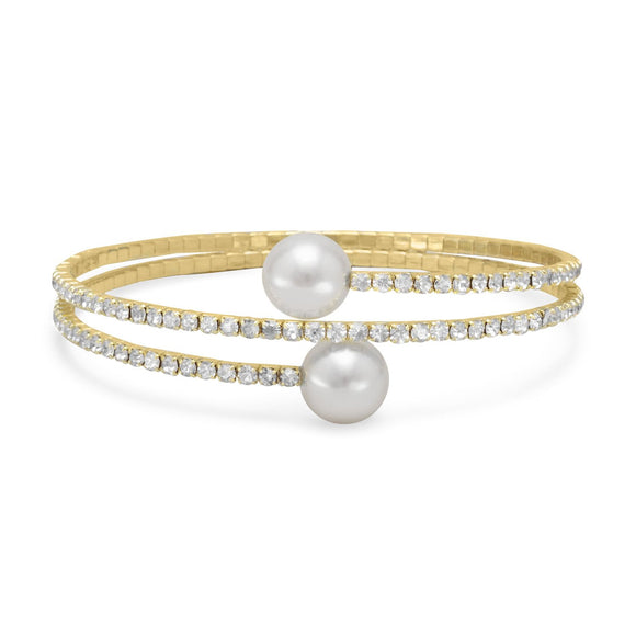 Gold Tone Crystal and Simulated Pearl Fashion Memory Bracelet