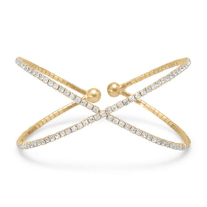 Gold Tone Criss Cross "X" Crystal Fashion Memory Bracelet