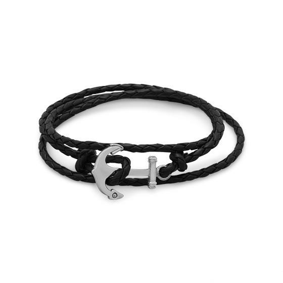 Men's Leather and Stainless Steel Anchor Fashion Wrap Bracelet