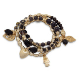 Set of 4 Gold Tone Fashion Stretch Charm Bracelets with Black Crystal