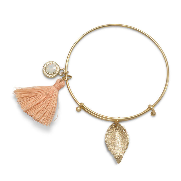 Gold Tone Expandable Peach Tassel Charm Fashion Bangle Bracelet