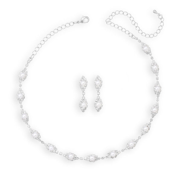 Elegant Marquise Crystal and Simulated Pearl Fashion Necklace and Earring Set