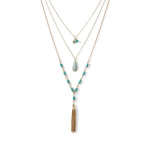 Gold Tone Brass and Dyed Magnesite Triple Strand Necklace